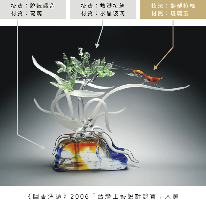 結合「技法：脫蠟鑄造；材質：琉璃」、「技法：熱塑拉絲；材質：水晶玻璃」、「技法：熱塑拉絲；材質：琉璃玉」所完成的《幽香清遠》，入選 2006「台灣工藝設計競賽」